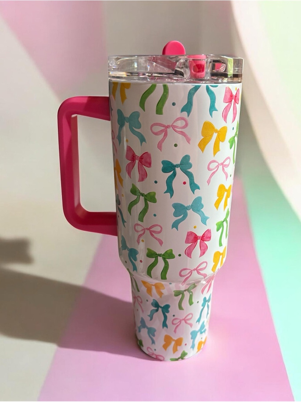 Pink Handle Ribbon Print insulated Tumbler